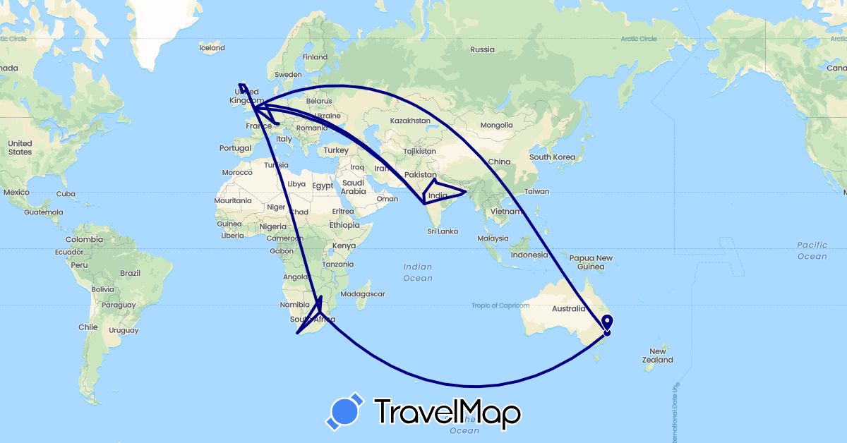 TravelMap itinerary: driving in Austria, Australia, Bangladesh, Switzerland, United Kingdom, India, Liechtenstein, Netherlands, South Africa, Zimbabwe (Africa, Asia, Europe, Oceania)